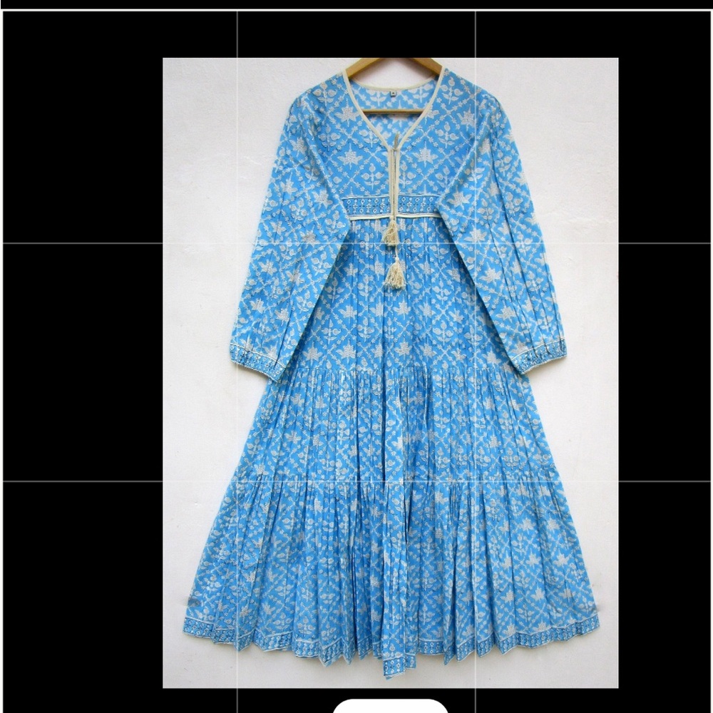 Handmade New Long Sleeve Boho Blue Maxi Dress